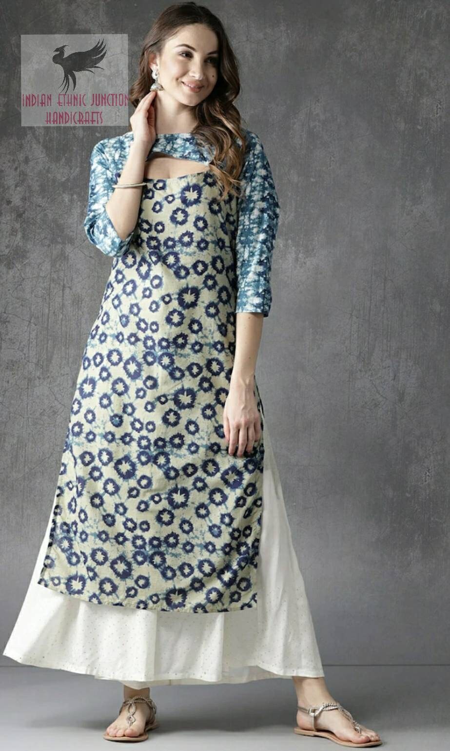 Indien imprimé blanc cassé coton sans manches tunique avec pompon Kurtis Tops ethniques Indien imprimé blanc cassé coton sans manches tunique avec pompon Kurtis Tops ethniques