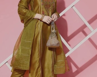 Party Wear Kurta Set - Robe de mariée indienne - Kurta brodé floral jaune moutarde pour femme avec pantalon & Dupatta pakistanais Salwar Kameez