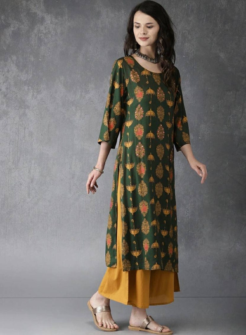 Summer Dress for Women Salwar Kameez Set Indian Tunic Green & Mustard Printed Kurta with Palazzos Indian Dress Kurta With Pant