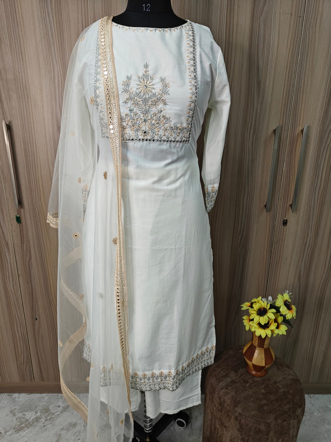 White Women Mirror Embroidered Kurta Trouser Set with Printed Dupatta