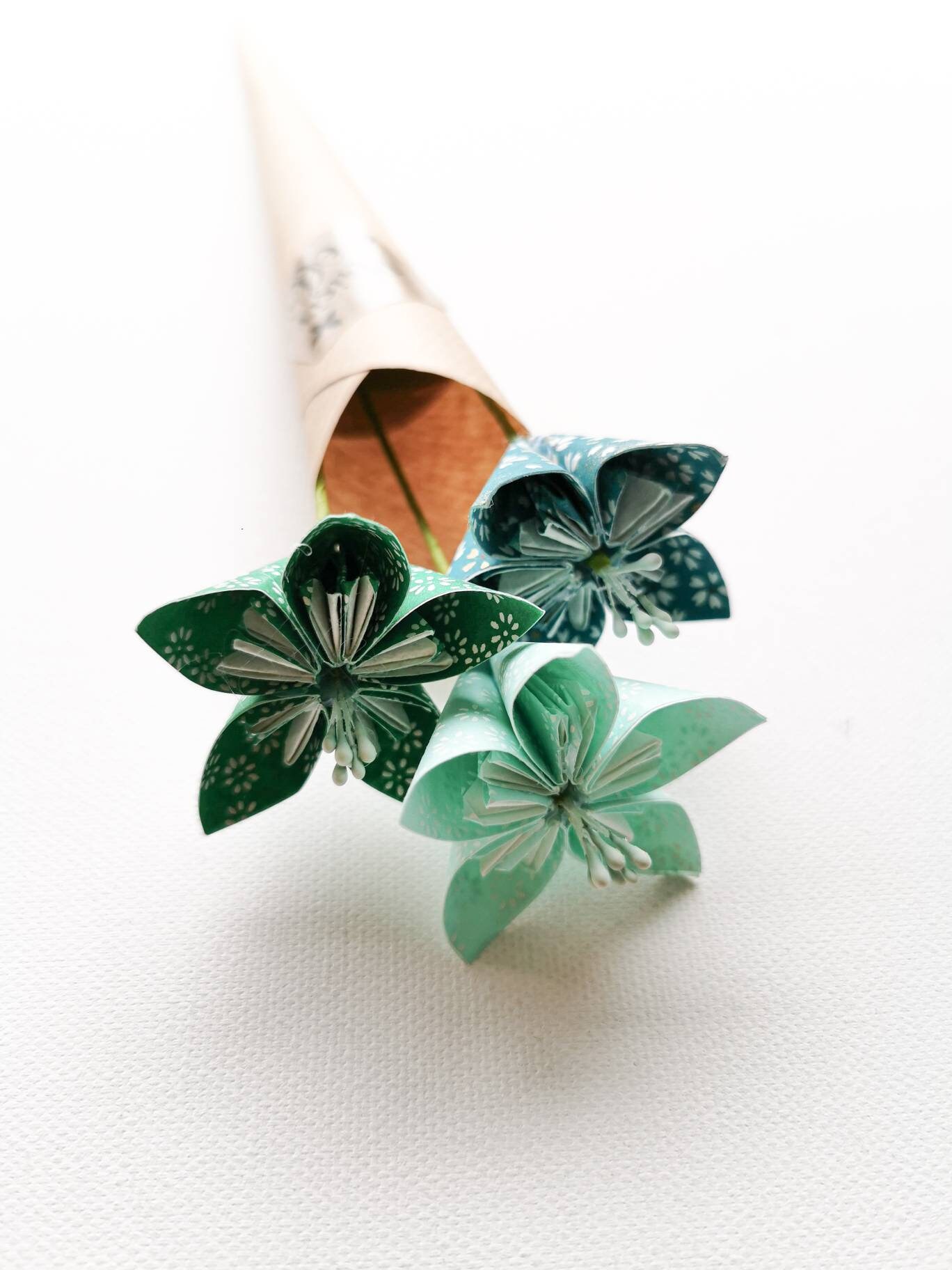 Fleurs Intemporelles, Fleurs Sans Entretien, Origami, en Papier, Vertes, Papier Japonais, Anniversai