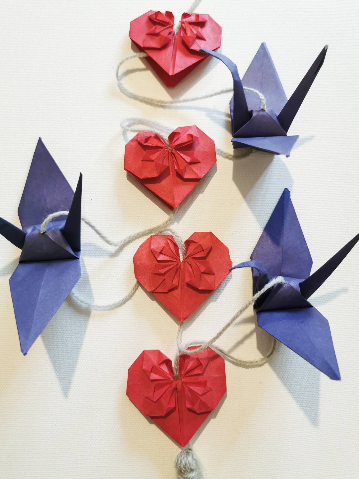 Guirlande Grues, Guirlande Cœur, Grue Japonaise, Décoration Cœur Rouge, Suspension Origami, Porte Bo