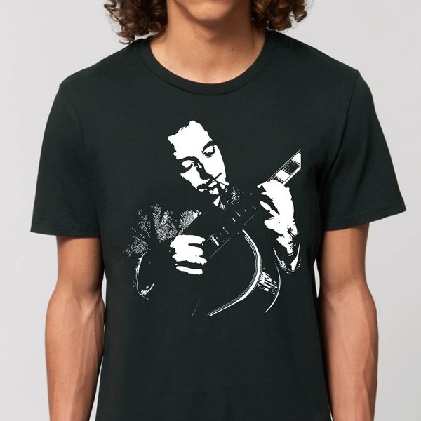 Bio-T-Shirt von Django Reinhardt, Gypsy-Jazz-Gitarrist. Geschenkidee für Jazzmusiker, bieten Sie ein Unisex-T-Shirt aus ökologischer Bio-Baumwolle an.