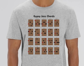 T-shirt bio des accords de guitare jazz manouche, style de musique de Django Reinhardt. Idée cadeau T-Shirt unisexe en coton bio écologique.