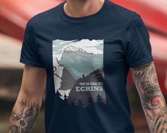 T-shirt of the Ecrins National Park. View of the Ecrins refuge, the Barre des Ecrins and the Glacier Blanc. Gift idea hiking walking trail.