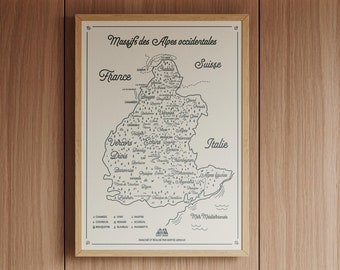 Affiche "Massifs des Alpes Occidentales" | Carte montagne | Idée Cadeau montagnard | Massif  Montagneux | Chaine des Alpes | Poster montagne