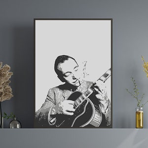 Póster artístico de Django Reinhardt, retrato del guitarrista gitano de jazz y swing, decoración de pared vintage para amantes de la música