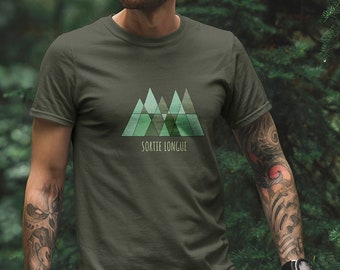 Long Outing unisex organic t-shirt with forest and fir trees logo, design inspired by trail running and the mountains. Nature and sport gift idea