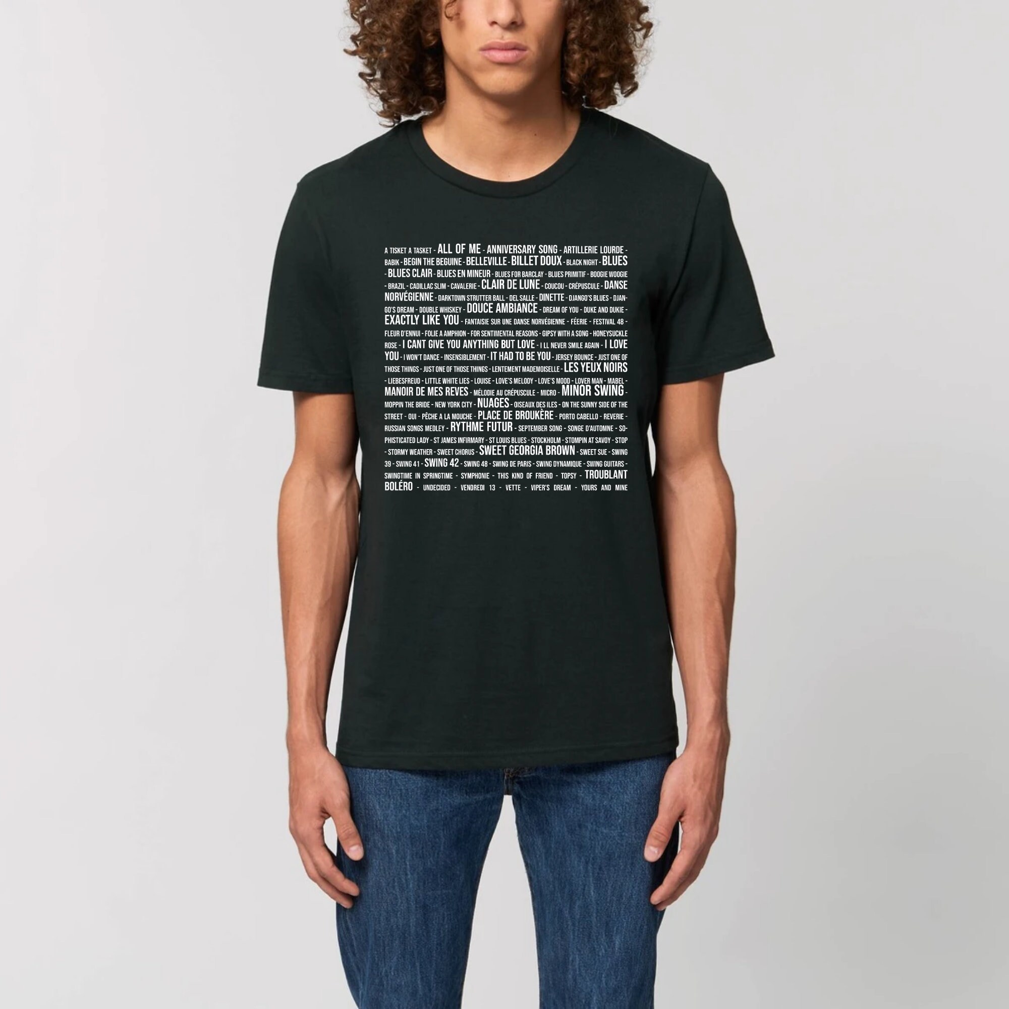 Django Reinhardt organic t-shirt, gypsy jazz guitar pieces. Musician gift idea, offer a unisex T-Shirt in ecological organic cotton.