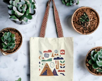 Recycled cotton tote bag, nature mountain – hand-drawn sun and star design – eco-friendly bag made in France