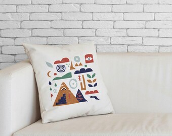 Mountain nature cushion – fair trade cotton cover 40x40 – hand-drawn sun and star design – eco-friendly decor