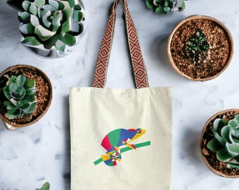 Colorful chameleon tote bag in recycled canvas – eco-friendly and sustainable bag – tropical gift idea – French creation