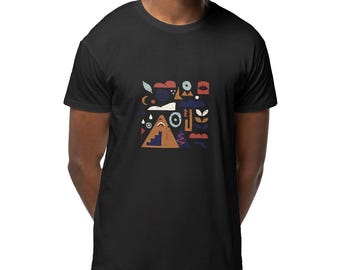 Organic cotton mountain nature t-shirt – hand drawn sun stars – outdoor gift idea for men and women