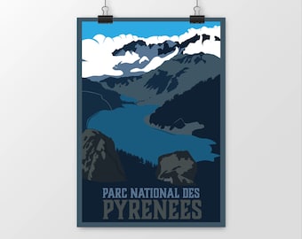 Poster of the Pyrenees National Park. View of the Néouvielle peak with Lake Aubert and the Bugatet peak. Mountain and nature gift idea.