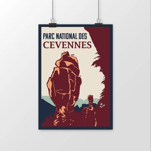 Cartel del Parque Nacional de Cévennes. Vista del Vase de Chine y del Vase de Sèvres cerca de Le Rozier en Lozère. Idea de regalo decorativa de naturaleza.