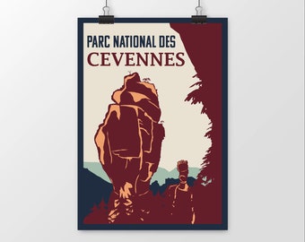 Poster of the Cévennes National Park. View of the Vase de Chine and the Vase de Sèvres near Le Rozier in Lozère. A decorative nature gift idea.