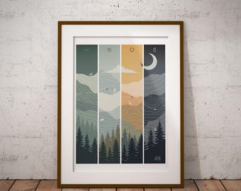 Trail running and mountain hiking poster – marked route and elevation gain in the forest, day/night conditions (rain, snow), animals and summits