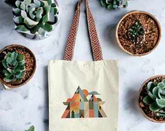 Geometric mountain tote bag – pastel nature recycled cotton bag – original outdoor design – eco-responsible French creation