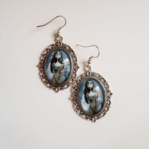 The Corpse bride earrings, Corpse bride necklace, Halloween jewelry, Tim Burton Inspired dangle portrait, Custom horror movie scary earrings