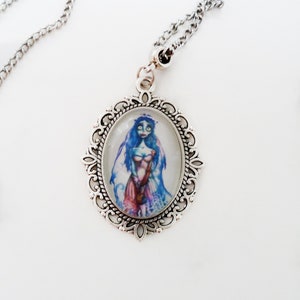 The Corpse bride necklace, Corpse bride earrings, Halloween jewelry, Tim Burton Inspired dangle portrait, Custom horror movie scary pendant