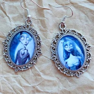 The Corpse bride necklace, Corpse bride earrings, Emily earrings, Halloween jewelry, Tim Burton Inspired dangle portrait, horror movie scary