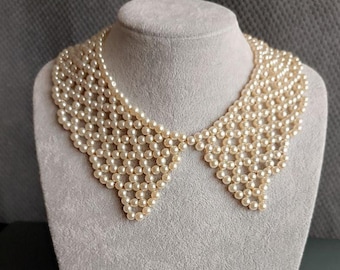 Beige beaded pearl collar vintage jewel, bridal necklace pointed shape detachable collar, removable peter pan elegant  collar gift for women