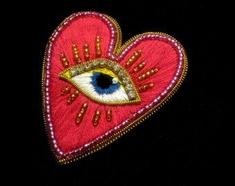 Evil eye brooch, bead heart brooch, contemporary brooch,embroider brooch for woman,pink miracle brooch Halloween jewelry selestial magic pin