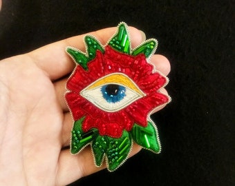 Evil eye brooch, bead flower brooch, contemporary brooch, embroider brooch for woman, miracle brooch Halloween jewelry selestial magic pin