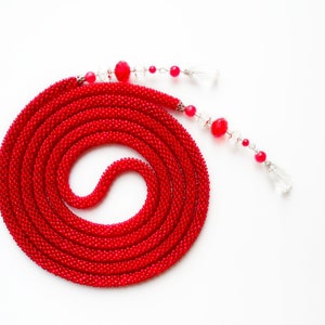 Shiny red Necklace, Seed Bead Crochet Rope,  Handmade grandma necklace, Extra Long Bead Crochet necklace, Jewelry Rope Neck gift for women