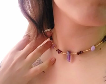 Boho Amethyst choker, Garnet necklace, crystal minimalist everyday neck, dainty necklace, statement collar necklace Christmas gift for woman