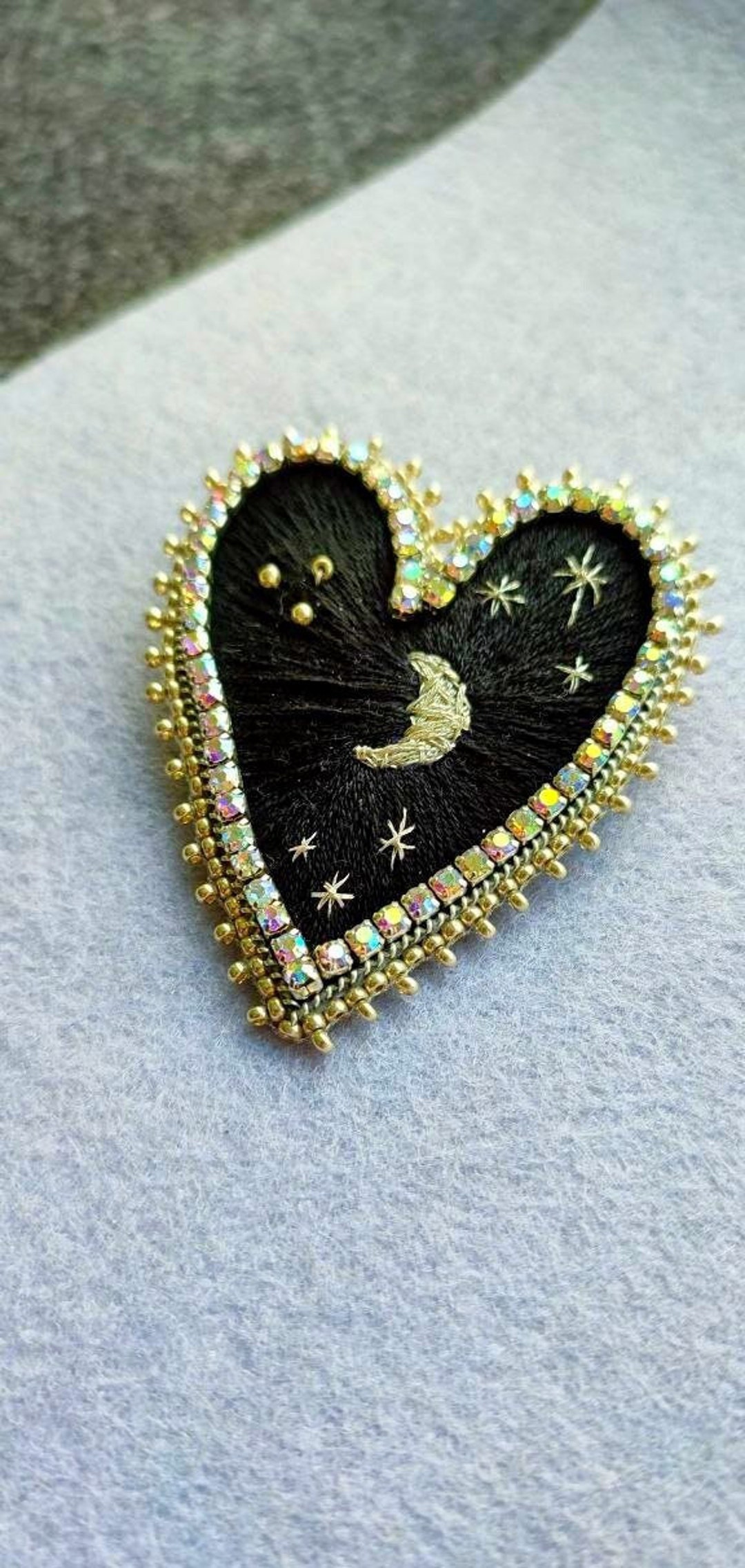 Black Heart, Silver Moon Tarot Pin, Witch Jewellry, Embroidery Beaded