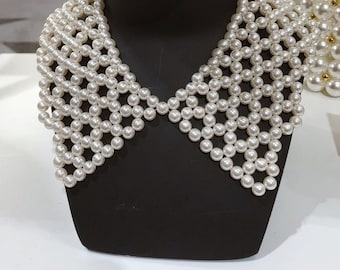 White beaded collar necklace with pearls bridal pointed shape detachable ecru beads removable women accessories peter pan collar elegant