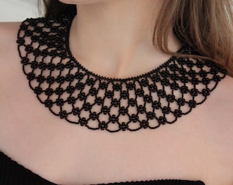 Collar de perlas negras, collar de cuentas llamativo, joyería para sombrero de boda, collar de hombro de novia gótico, collar de perlas vintage