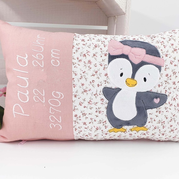 Namenskissen Pinguin Mädchen Kissen mit Name Dekokissen Wunschname Geschenk Mädchen Geburt Taufe Schulbeginn