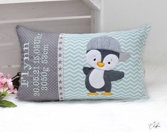 Namenskissen Motiv Pinguin Kuschelkissen mit Name Geburtskissen Babykissen Geschenk Junge Mädchen