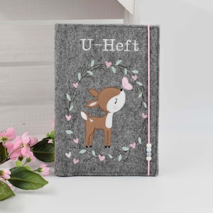 U-Heft Hülle Filz Reh Wunschname, Untersuchungsheft, U Hefthülle Mädchen, Boho, Rehkitz, Umschlag Buch, Geschenk Geburt, Vorsorgeheft