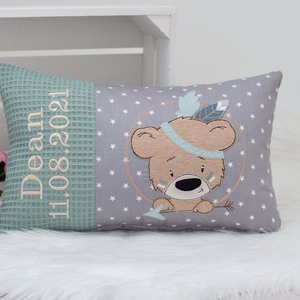 Kinderkissen mit Name Bär Indianer, Kuschelkissen, Namenskissen, Geschenk zur Geburt Taufe Einschulung