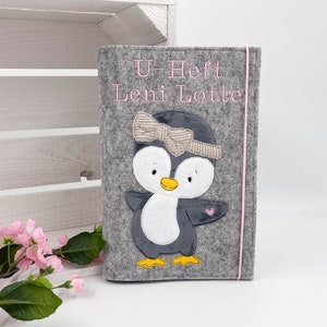 U-Heft Hülle Filz Mädchen Pinguin mit Wunschname, Untersuchungsheft, Umschlag, Geschenk Geburt, Vorsorgeheft, U Hefthülle Impfpassfach