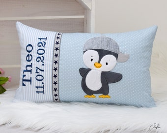 Kinderkissen mit Wunschname Namenskissen Pinguin Kuschelkissen Geburtskissen Geschenkidee Junge Schule Taufe