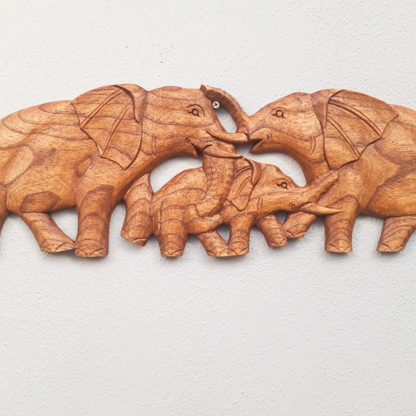 Hand Carved Elephant Family Wall Plaque Unusual wooden wall Elephants 50cm Elephant Wall Art