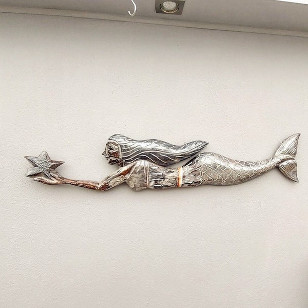 Unusual Mermaid Wall Art Shabby Chic Style Silver Shimmer Mermaid Art 100cm