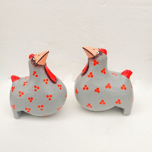 Pair Hand Made Chickens  Grey Contemporary Chicken Ornaments