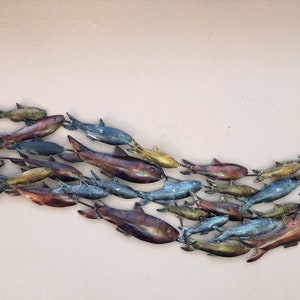 Contemporary Copper Silver & Gold Fish Shoal Unusual Giant Metal Fish Wave wall Art 145cm