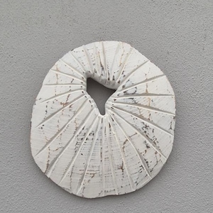 May include: A white, circular wall decoration with a textured, weathered look. It has a central hole and radiating lines, forming a fan-like pattern. The piece is set against a grey background.