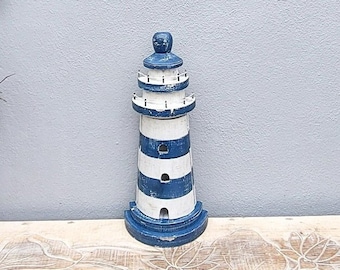 Hand Made Shabby Chic Painted Lighthouse Key Holder 40cm Blue  White Wash Hand Painted Lighthouse Secret Key Store