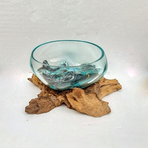 Melted Glass and Distressed wood ornamental Bowl or Terrarium Melted Glass Bowl Medium