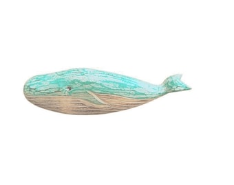 Hand Made Aqua Green Shabby Chic Seaside Whale Ornament 31cm  Painted Humpback Whale Carving