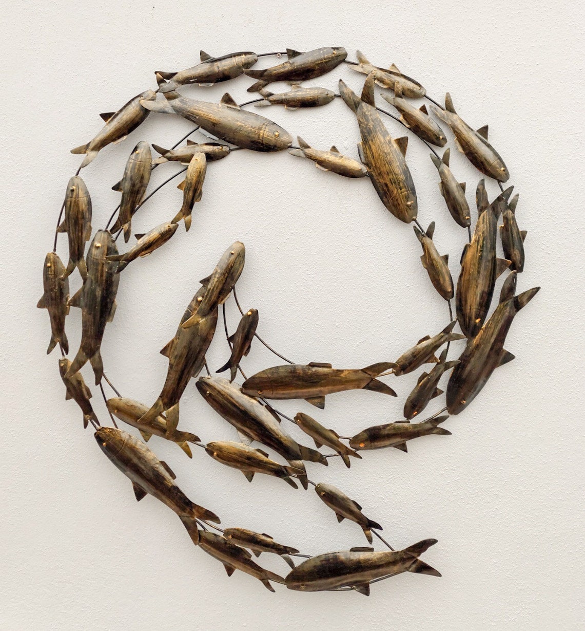 Contemporary Old Gold Fish Shoal Metal Wall Art Large Hand Etsy