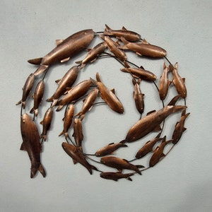 Contemporary Burnt Black Copper Fish Shoal 3D Medium Metal Circle Fish Shoal Wall Art 60cm
