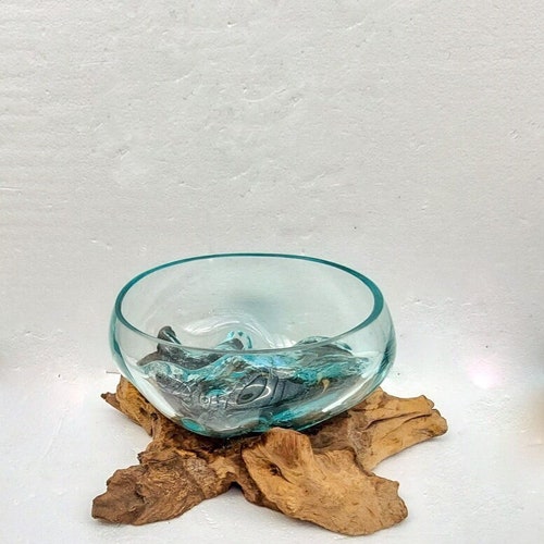 Melted Glass and Distressed wood ornamental Bowl or Terrarium Melted Glass Bowl Medium